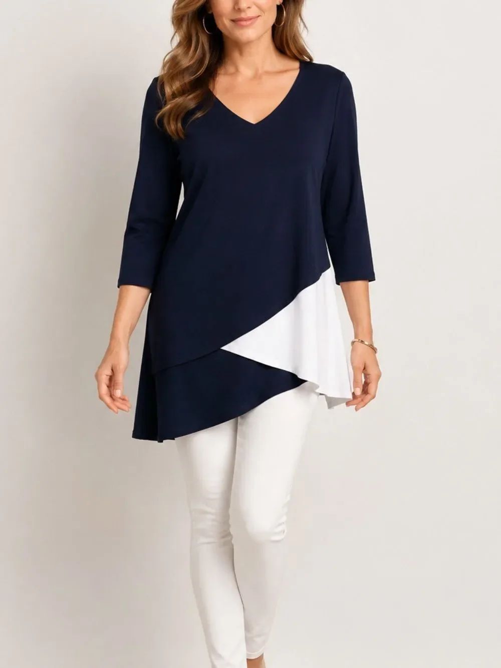 Joseph Ribkoff Black And White V-neck Asymmetrical Hem Top Size 6